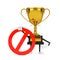Golden Award Winner Trophy Person Character Mascot with Red Prohibition or Forbidden Sign. 3d Rendering
