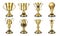 Golden awards. Realistic trophy cup, contest prize 3D design, sport reward concept, win and success elements collection