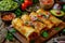 Golden baked chicken enchiladas topped with melted cheese and cilantro on wooden board