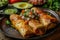 Golden baked chicken enchiladas topped with melted cheese and cilantro on wooden board