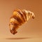 Golden Baked Croissant Mid-Air with Crisp Layers - Perfect for Culinary Arts and Food Marketing. Generative Ai