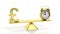 Golden balance scale with Pound symbol and alarm clock