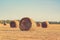 A golden bale of straw in a beautiful field, after harvesting wheat.