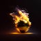 The golden ball burns with fire against a black background, generated AI