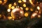 Golden Ball Ornament on a Decorated Christmas Tree with Festive Lights - Glittering Holiday Delight. created with Generative AI