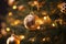 Golden Ball Ornament on a Decorated Christmas Tree with Festive Lights - Glittering Holiday Delight. created with Generative AI