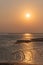 Golden beaches and fishing boats on the beach at dusk