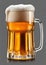 Golden beer mug glass with creamy foam overflowing.