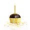 Golden birthday chocolate cupcake with candle and confetti on white