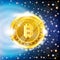 Golden bit coin flying in space starry background