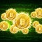 Golden bit coins flying on green information noise background