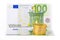 Golden bitcoin and 100 euros banknotes isolated on white.