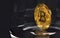 Golden bitcoin alone on the bottom of a jar. Risky investment concept. 3D rendering