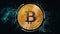 Golden bitcoin on a black cosmic background, computer graphics