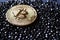 Golden bitcoin on a black jewels. Gold coin of cryptocurrency.