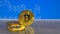 Golden bitcoin on blue abstract finance background. Bitcoin cryptocurrency.