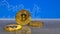 Golden bitcoin on blue abstract finance background. Bitcoin cryptocurrency.