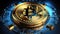 A golden bitcoin on a blue background. Cyber security to safeguard cryptocurrency. Digital image.