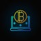 Golden bitcoin with blue laptop line icon - vector cryptocurrency