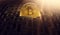 Golden Bitcoin in the central point of maze. Bitcoin as a solution for financial problems. 3D rendering