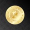 Golden bitcoin coin with chain, stars and name around. Crypto currency golden coin bitcoin symbol icon isolated on