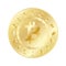 Golden bitcoin coin with chain, stars and name around. Crypto currency golden coin bitcoin symbol icon isolated on white