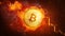Golden bitcoin coin falling in fire flame.