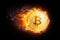 Golden bitcoin coin flying in fire flame.