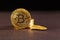 Golden Bitcoin Coin and mound of gold. Bitcoin cryptocurrency. Business concept