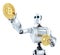 Golden bitcoin coin shining in the robots hand. 3D illustration.