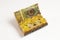 Golden bitcoin coins and banknote in the treasure trove, cryptocurrency in wooden chest, gift, decoration on white paper