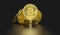 Golden bitcoin coins in a reflecting black background, for conceptual image for electronic crypto currency