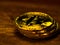 Golden bitcoin cryptocurrency banking money transfer business technology on wooden table. Concept of distributed ledger technology