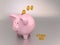 Golden bitcoin flying into a pink piggybank saving digital currency