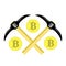 Golden Bitcoin Icon. Crypto Currency Mining with Coins and Pickaxes