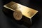 Golden Bitcoin lean against gold ingot bullion bar. Bitcoin fails to be more desirable than gold