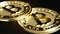 Golden Bitcoin. Lens distortion and chromatic effect. 3D macro r