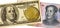 Golden bitcoin over multi currency banknotes dollar and yuan not