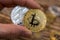 Golden Bitcoin and silver litecoin holding in mans fingers closeup