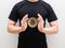 Golden bitcoin at space of man hand middle body on white isolated background