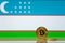 Golden bitcoin stands on a background of state flag of Uzbekistan