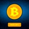 Golden bitcoin symbol digital currency. Blockchain Investment transfers concept. Bitcoin Exchange App with a button more info. Dig