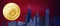 Golden bitcoin symbol on night blue red city sky. Bitcoin and blockchain technology concept. Bitcoin network with