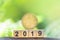 Golden bitcoin and wooden block number year 2019 on greenery nature background with copy space.