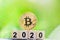 Golden bitcoin and wooden block number year 2020 on greenery nature background with copy space.