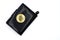 Golden bitcoins on black leather wallet - Future Currency - free white space - Virtual digital currency and financial investment t