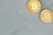 Golden Bitcoins Cryptocurrency top view stack of Digital coins on gray marble desk table background.Flat lay blank text.Copy space