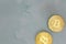 Golden Bitcoins Cryptocurrency top view stack of Digital coins on gray marble desk table background.Flat lay blank text.Copy space