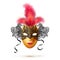 Golden and black ornate carnival mask with bright red feathers