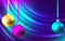 Golden, blue, pink hanging Christmas balls on purple  background